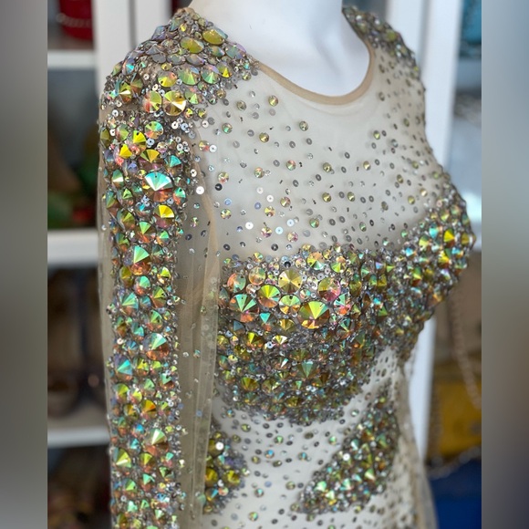 JOVANI 8 long sleeve shirt cocktail dress sheer mesh Crystal sequin NYE dress - Picture 14 of 14
